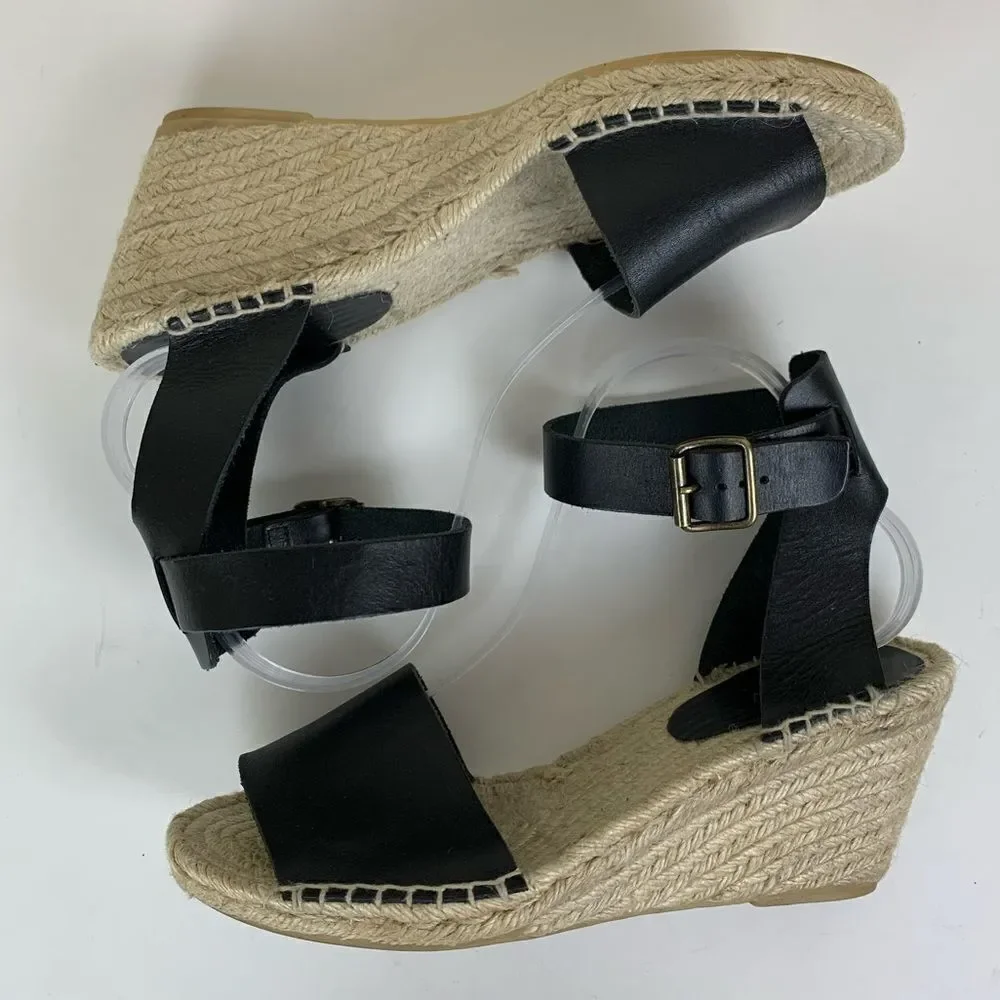 J Crew Black Leather Corsica‎ Ankle Strap Peep-Toe Espadrilles Sz 11